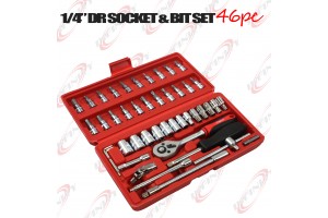   46pc 1/4" Dr Socket & Ratchet Wrench & Star Hex Torx Bits Set Sockets Flex Bar